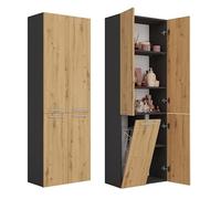 CDF Armoire Haute Salle de Bain Meuble Colonne de Salle de Bain Armoire de Rangement à 4 Portes avec Etagère Réglable pour Salon Cuisine - 60x30x174 cm Anthracite/Chêne Artisan - 1 Panier à Linge