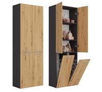 CDF Armoire Haute Salle de Bain Meuble Colonne de Salle de Bain Armoire de Rangement à 4 Portes avec Etagère Réglable pour Salon Cuisine - 60x30x174 cm Anthracite/Chêne Artisan - 2 Paniers à Linge