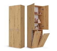 CDF Armoire Haute Salle de Bain Meuble Colonne de Salle de Bain Armoire de Rangement à 4 Portes avec Etagère Réglable pour Salon Cuisine - 60x30x174 cm Chêne Artisan - 2 Paniers à Linge