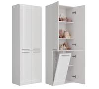 CDF Armoire Haute Salle de Bain Meuble Colonne de Salle de Bain Armoire de Rangement à 4 Portes avec Etagère Réglable pour Salon Cuisine - 60x30x174 cm Blanc Le Luisant- 1 Panier à Linge
