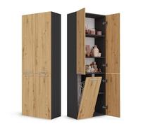 CDF Armoire Haute Salle de Bain Meuble Colonne de Salle de Bain Armoire de Rangement à 4 Portes avec Etagère Réglable pour Salon Cuisine - 60x30x174 cm Anthracite/Chêne Artisan - 1 Panier à Linge