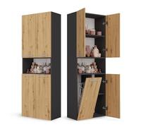 CDF Armoire Haute Salle de Bain Meuble Colonne de Salle de Bain Armoire de Rangement à 4 Portes avec Etagère Réglable pour Salon Cuisine - 60x30x174 cm Anthracite/Chêne Artisan - 1 Panier à Linge