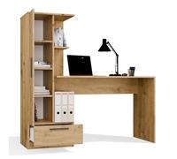 CDF Bureau avec Étagère Tiroir 140cm 3 Compartiments Télétravail Bureau Ordinateur Ergonomique Plan de Travail Chambre Adolescent Chambre Enfant Stockage Coulisses Chêne Artisan Panneau Aggloméré 16mm