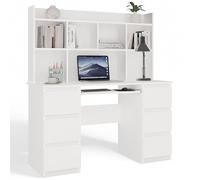 CDF Bureau avec Rangement 130x51x146 cm - Blanc - 6 Tiroirs et Étagères | Poste Informatique, Bibliothèque Intégrée, Tablette pour Clavier, Pour Télétravail, Chambre d'Adolescent, Usage Quotidien
