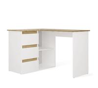 CDF Bureau d'angle Gauche NICEA avec 3 tiroirs et étagères, chêne/Blanc, Bureau Informatique pour Bureau à Domicile, Bureau pour étudier et Travailler, Bureau Moderne en Forme de L