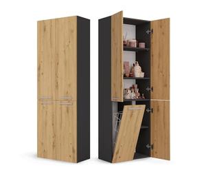 CDF Colonne de Salle de Bain avec 1 Panier à Linge - 60x30x174 cm Chêne | 4 Portes, Étagère Réglable, Teinte Anthracite, Finition Artisan, Rangement Buanderie, pour Salon et Cuisine