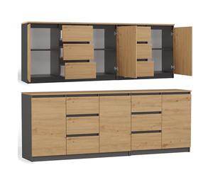 CDF Commode 200cm Chêne Artisan Anthracite 3 Portes 6 Tiroirs sans Poignées Meuble de Rangement Salon Chambre Bureau Entrée Couloir Grand Espace Design Moderne Rails Rouleaux Panneau Particules 16mm