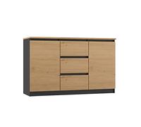 CDF Commode Basse 2 Portes et 3 Tiroirs Buffet Enfilade Meuble de Rangement Salon Chambre Bureau 120 x 40 x 75 cm - Chêne Artisan/Anthracite