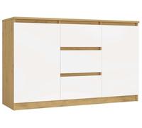 CDF Commode Basse 2 Portes et 3 Tiroirs Buffet Enfilade Meuble de Rangement Salon Chambre Bureau 120 x 40 x 75 cm - Chêne Artisan/Blanc
