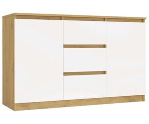 CDF Commode Basse 2 Portes et 3 Tiroirs Buffet Enfilade Meuble de Rangement Salon Chambre Bureau 120 x 40 x 75 cm - Chêne Artisan/Blanc