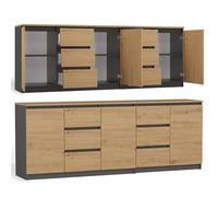 CDF Commode Chêne Anthracite sans Poignées 200 cm - 3 Portes 6 Tiroirs | Rails à Rouleaux, Charnières en Acier, pour Salon Chambre Bureau Entrée Couloir, Usage Quotidien à la Maison