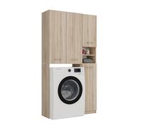 CDF Ensemble de Salle de Bain Meuble Dessus Machine à Laver avec Colonne Haute de Rangement 10 Étagères Portes Longues Gain de Place 96 x 180 x 30 cm - Chêne Sonoma