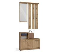 CDF Ensemble Meubles Entrée Complet Vestiaire Miroir Porte-Manteaux Mural 6 Crochets Armoire à Chaussures 9 Paires Rangement Couloir Moderne Compact Gain Place Placard Chêne Artisan 85 x 24 x 180 cm