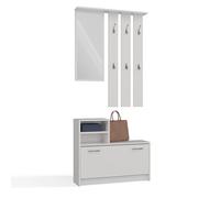 CDF Ensemble Meubles Entrée Complet Vestiaire Miroir Porte-manteaux Mural 6 Crochets Armoire à Chaussures 9 Paires Rangement Couloir Moderne Blanc Compact Gain Place Placard Vestiaire 85 x 24 x 180 cm