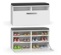 CDF Meuble à Chaussures avec Banc intégré, Coussin d'assise, Banc d'entrée, Coffre à Chaussures, Armoire-Banc avec Porte battante, 6 Compartiments, mobilier d'entrée 85 x 35 x 46 cm - Blanc