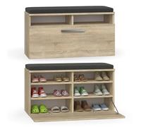CDF Meuble à Chaussures Riva | Couleur : chêne Sonoma | Idéal pour Couloir, Bureau | Rangement à Chaussures | Siège Confortable (Coussin) | Moderne | Porte battante | Stockag