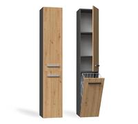 CDF Meuble de Salle de Bain Colonne Chêne Anthracite WC 30x31x174 cm | Avec Panier à Linge, Résistant à l'Humidité, Pour Petits Espaces, Couloir, Organisation Verticale Quotidienne