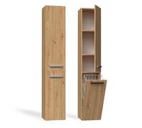 CDF Meuble de Salle de Bain Colonne Étroite Chêne Artisan WC 30x31x174 cm | Avec Panier à Linge, Résistant à l'Humidité, Pour Petits Espaces, Couloir, Organisation Verticale Quotidienne