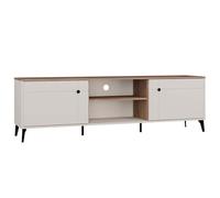 CDF Meuble TV Bas pour Salon avec Compartiment Ouvert et Portes, Banc Télévision Moderne Double Face, Buffet Audio Vidéo, Étagère Rangement, Design Cachemire et Bois Naturel, 183,5 x 40 x 55,5 cm