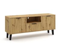 CDF Scandi 2D1S Meuble TV bas en bois moderne avec façades rainurées pour salon Espace de rangement Style scandinave en chêne Artisan