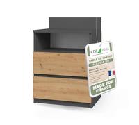 CDF Table de Chevet Anthracite - Chêne Artisan 2 Tiroirs sans Poignées | Chambre à coucher, enfant et adolescent, rangement près du lit, usage quotidien, mobilier pour espaces de repos