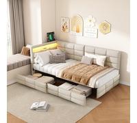 CDQL Canapé-lit capitonné, 90 x 200 cm, avec 2 tiroirs, tête de lit en forme de L, avec port USB et éclairage LED, lit d'appoint, lit d'appoint, lit double, lit fonctionnel, en lin, beige