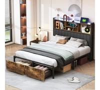 CDQL Lit double 160 x 200 cm avec 2 tiroirs, lit LED avec fonction de charge USB, sommier à lattes en métal et tête de rangement, lit d'invité, lit d'adolescent, lit fonctionnel, en métal, noir