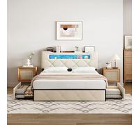 CDQL Lit double capitonné 140 x 190 cm avec 4 tiroirs, port USB et éclairage LED, tête de lit avec compartiment de rangement, lit d'invité, lit fonctionnel, en velours, beige