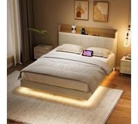 CDQL Lit double capitonné 140 x 200 cm, lit flottant, avec éclairage LED et port USB, tête de lit avec espace de rangement caché, cadre de lit avec sommier à lattes, lit adolescent, PU, beige