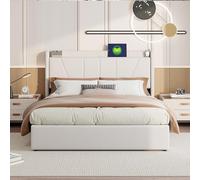 CDQL Lit double capitonné 160 x 200 cm avec espace de rangement Air-Bar, tête de lit avec port USB et type C, cadre de lit avec sommier à lattes, lit fonctionnel, lit adolescent, lin, beige