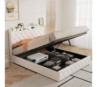 CDQL Lit double rembourré 140 x 200 cm avec espace de rangement hydraulique | Éclairage LED sur la tête de lit, tissu velours beige, 1 port USB + 1 type C, station de charge avec lumière de bouton