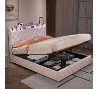CDQL Lit double rembourré 140 x 200 cm avec espace de rangement hydraulique | Éclairage LED sur la tête de lit, tissu velours beige, 1 port USB + 1 type C, station de charge avec lumière de bouton