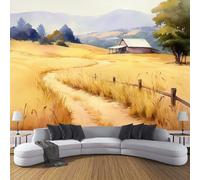 CDXNORA 3d Papier Peint Panoramique Soie Paysage À L'Aquarelle 300×210cm Champ De Blé De La Ferme Grandes Murales Soie Poster pour Salon, Adulte Chambre d'enfants, Étude Bureau Décoration Brun
