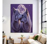 CDXNORA Animaux Sauvages Réalistes Impression sur Toile, Loup Lune Tableau Decoration Murale 60x80 cm, Violet peinture sur toile Murale Affiches, pour Chambre Salon Salle à manger, Sans Cadre