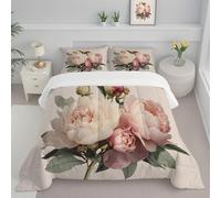 CDXNORA Couette 140x200 cm Douce et Chaude, Pivoine Fleurs Couette Imprimée Duvet Legere et Chaude 4 Saisons, Aquarelle Plantes Douce Réversible Lavable Edredon avec Taie d'oreiller