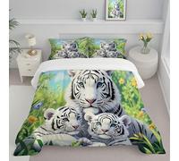 CDXNORA Couette 140x200 cm, Tigre Blanc Fleurs Couette Imprimée Duvet Couettes, Legere Chaude 4 Saisons Dessins Animés Animaux Douce Réversible Microfibre Edredon avec Taie d'oreiller
