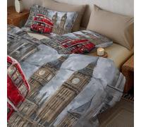 CDXNORA Couette 200x200 cm, Big Ben Bus Imprimée Douce pour 4 Saisons Réversible Rouge Foncé Couette sans Housse, Respirante Légère Aquarelle Style Anglais Couettes Matelassée avec Taies d'oreiller