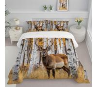 CDXNORA Couette 240x220 cm Douce et Chaude, Cerfs Bouleaux Couette Imprimée Duvet Legere et Chaude 4 Saisons, Animaux Sauvages Réalistes Douce Réversible Lavable Jaune Edredon avec Taie d'oreiller