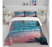 CDXNORA Couette 240x220 cm Douce et Chaude, Plage Palmiers Couette Imprimée Duvet Legere et Chaude 4 Saisons, Paysage Réaliste Douce Réversible Lavable Rose Edredon avec Taie d'oreiller