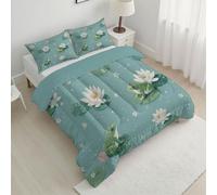 CDXNORA Couette 4 Saisons 140x200 cm Bleu-Vert, Couette Imprimée Grenouille Feuille De Lotus pour lit 1 Personnes, Couettes Réversible Style Dessin Animé Mignon sans Housse, Couettes Légère 200GSM