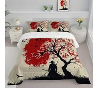 CDXNORA Couette Microfibre 240x220 cm, Edredon 4 Saisons Lavable Style Japonais Anime Couette Légère et Respirante, Samouraï Cerisier Courtepointe Imprimée Rouge Douce et Confortable sans Housse