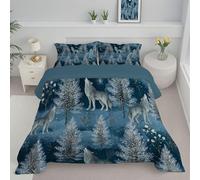 CDXNORA Couette Microfibre Réversible 140x200 cm, légère Chaude Loup Gris Pin Imprimée Bleu Couette sans Housse avec taies d'oreiller, Douce Confortable Lavable Animaux Sauvages Réalistes Couettes