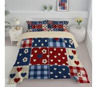 CDXNORA Couette Microfibre Réversible 264x228 cm, légère Chaude Grille Forme De Cœur Imprimée Rouge Bleu Couette sans Housse avec taies d'oreiller, Douce Confortable Lavable Retro Country Couettes