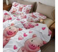 CDXNORA Couette Rose 1 Personne en Microfibre, Couette Imprimée Petit Cochon en Forme De Cœur Reversible pour 4 Saisons, Tempérée Respirante Mignon Dessin Animé Couettes pour Adulte Enfant 140x200 cm