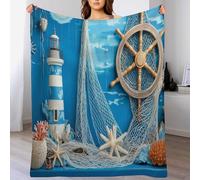 CDXNORA Couverture Bleu Flanelle Imprimée Phare Filet De Pêche Gouvernail De Navire, All Saisons Douce et Moelleuse Thème Océanique Couverture De Voyage, pour Lit Canapé et Voyage 130x150 cm