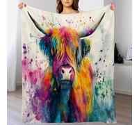 CDXNORA Couverture Flanelle 130x150 cm, Couverture Coloré Imprimé Bœuf des Highlands Encre Éclaboussée Doux et Confortables, Couverture de Canapé Aquarelle Animaux Lavable, pour Chambre Canapé et Lit
