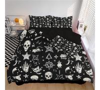 CDXNORA Housse de Couette 140x200cm pour 1 Personne Crâne Pentagramme Chat Noir | Parure de Lit Couvre Lit Mystérieux Gothique Imprimées Doux Réversibles avec 1 Taies d'oreiller, Noir