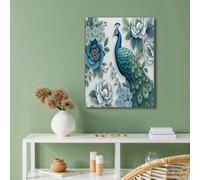 CDXNORA Impression sur Toile Animaux Réalistes, Bleu-Vert Tableau Murale, Paon Fleurs Photo sur Toile Tableau Decoration Murale, Pour Salon Couloir Salle de Bains WC, 80x120 cm
