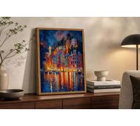CDXNORA Impression sur Toile Maisons Eau Vue Nocturne, Style Impressionniste Coloré Tableau Affiche Decoration Murale Image sur Toile, pour Salon Chambre Cuisine Vertical Art Wall Decor 30x40 cm