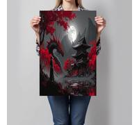 CDXNORA Impression sur Toile Rouge, Sans cadre Style Japonais Anime Image Tableau Decoration Murale pour salon, Samouraï Dragon Temple peinture sur toile pour Cuisine Salle à manger 40x60 cm